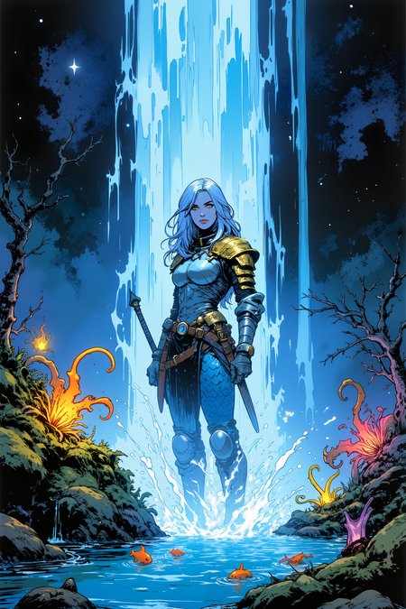 Closeup. Beneath a waterfall that glows with soft, rainbow-colored light, a warrior with pale blue skin and silver hair stands, her body drenched in the ethereal liquid pouring down from the towering cliffs above. Her armor, made of shimmering, iridescent scales, reflects the soft glow of the waterfall, casting vibrant patterns of light across the moss-covered rocks. The water crashes down around her, yet she stands unmoving, her golden eyes fixed on the pool beneath her feet where tiny, glowing fish swim lazily through the crystal-clear water. The cavern surrounding the waterfall is vast and filled with strange, glowing plants that sway gently in the mist, their tendrils reaching out as if to touch the cascading light. Above, the sky is barely visible, just a faint glimpse of stars through the cracks in the cavernâs ceiling. The air is filled with the soft hum of magic, and the water itself seems alive, pulsing with ancient energy that resonates through the rocks. The warrior's expression is one of quiet focus, her connection to the strange, magical place deepening with each passing moment. It is a scene of beauty and serenity, where water and light converge in a breathtaking display of magic.  Fantastic lighting. Detailed shadows.intricate details, vivid colors, hyper-detailed, ultra-sharp<lora:Ev_Ganin:0.4><lora:Vintage comic book:0.4><lora:RetroAnimeFluxV1:0.15><lora:Greg_Capullo_style:0.4><lora:jeanClaude_Mzires_Style_FLUX-000001:0.4><lora:Flux_Ink_Anime:0.4>