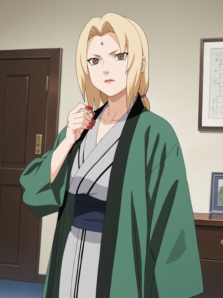 naruto style, hard shadows, anime_screencap, anime_core, score_9, score_8_up, score_7_up, solo, <lora:tsunade_train_v5:0.9>, tsunade,brown eyes,uper body,sunade's green Jacket \(outfit\), red nails,indoors, looking at viewer,  front view