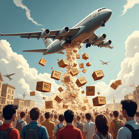 C-17 cargo plane flying over a crowd of hungry citizens.  Crates are falling out of the plane down towards the citizens. the crates are labelled "BUZZ".