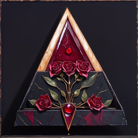 core_9, score_8_up, score_7_up,  <lora:Art_DecoPony:1> ArsMJStyle, Art Deco, The image shows a red rose in the center of a triangle on a black background surrounded by a golden triangle. The rose is a deep red color and the triangle is a golden hue. The background is a stark black creating a striking contrast with the vibrant red of the rose., no humans, still life, flower, red flower, rose, traditional media, red rose, border, leaf, painting (medium), framed, red gemstone, acrylic paint (medium), coffin