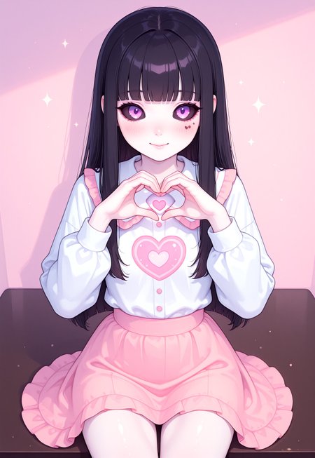 masterpiece, best quality, ultra-detailed, photorealistic, 1girl, young woman,
cute smile, making heart shape with hands, looking at viewer, sitting at table,
long black straight hair, blunt bangs,
pale skin, soft blush on cheeks,
glowing purple eyes, dark eyeliner, subtle dark sclera,
slim face, small nose, beauty marks,
cute pastel outfit, simple pastel background, kawaii themed cafe, cute plushies, latte art, dreamy pastel tones, soft lighting,
kawaii aesthetics, japanese idol,
ng_deepnegative_v1_75t, Luna Corvus, k4w4iim1r41