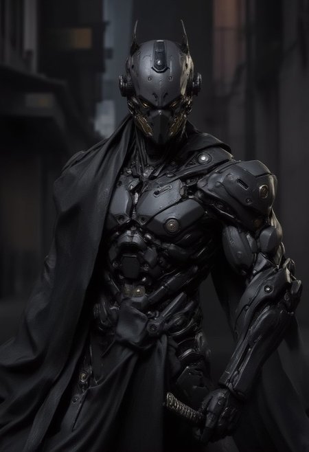 Male cyborg in a cyberpunk city alley at night, Cyber-Samuraji, high action pose, highly detailed, reflective armor, shadows