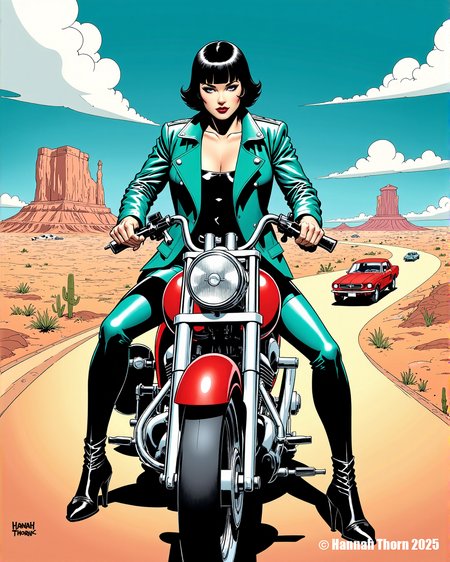 A dynamic, comic book-style illustration featuring a confident young woman with a short black bob, clad in a sleek teal leather jacket, black bodysuit, and blue leggings, perched defiantly on the handlebars of a vibrant red motorcycle.  The motorcycle speeds across a dramatic desert landscape under a brilliant blue sky dotted with fluffy clouds;  distant, stylized rocky mesas and a crimson vintage car add depth. The scene is rendered in a high-contrast, saturated palette with bold outlines, reminiscent of classic comic book art. The artist's signature, "Hannah Thorn 2025," is subtly placed in the bottom right corner.  The overall mood is one of rebellious freedom and adventure. <lora:_Flux\_Painting\Flux_Crepax.safetensors:1.0:1.0>