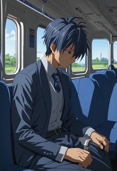 high resolution, solo, best quality, 1Boy, Tomoya Okazaki, Grey Blue Hair, train, inside train, OverallDetail