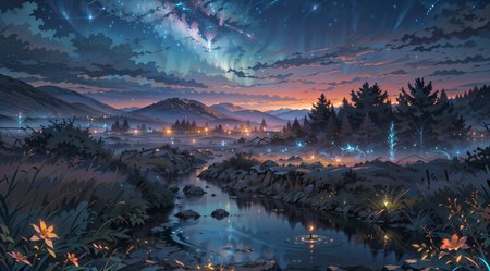 By Tomek Setowski,by Brian miller,ethereal glow. Generate an enchanting and surreal depiction of a world locked in perpetual twilight. Picture a captivating landscape where the boundaries between day and night blur into an everlasting twilight. The sky should be a mesmerizing blend of deep blues and soft purples,with a faint,ethereal glow on the horizon. Show a mystical terrain,featuring delicate,bioluminescent flora and fauna that illuminate the landscape with gentle,otherworldly radiance. Let the scene emanate a sense of tranquility,mystery,and a touch of magic. Focus on intricate details and realism to create an image that transports viewers to this captivating twilight,<lora:Detailed_Places_R-128_v1:0.7>,no humans,scenery,