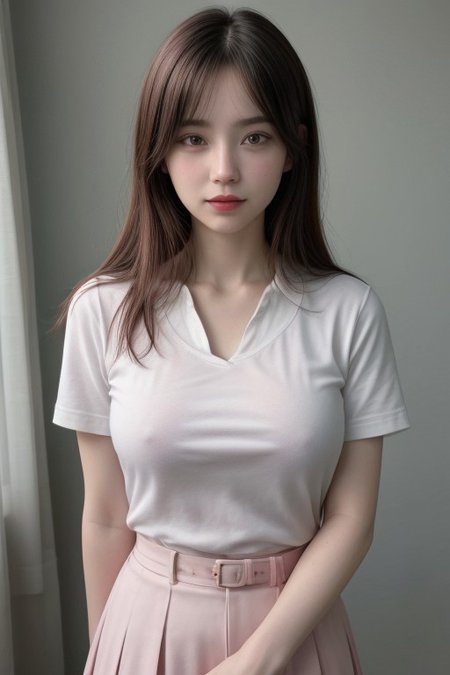 1girl, pink lipstick, smile,  medium breasts,  breasts apart, breast bags,  covered nipples, long hair, gf fnf  BREAK white shirt, p0l0 sh1rt, polo_shirt, short sleeves, black necktie, black belt, black skirt, pleated skirt,  indoors <lora:sdxl_lightning_8step_lora:1>    <lora:breasts++-PD-breast_bags-1.0:1>    <lora:HerrscherAGGA2024_Polo_Shirt_V1:0.6>   <lora:GirlfriendFNF_PDXL:0.8>