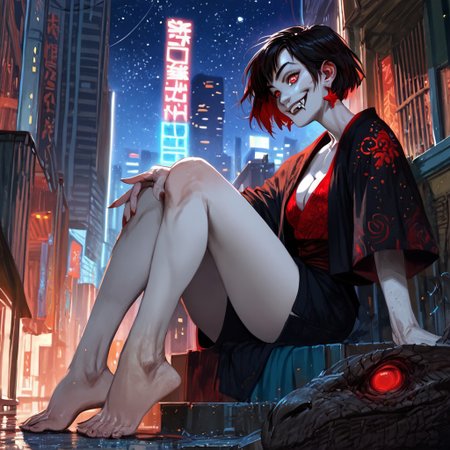 score_9, score_8_up, score_7_up, score_6_up, score_5_up, score_4_up, zPDXL2, 1girl, solo, pale skin, red eyes, black hair, short hair, bangs, cleavage, 2 fangs, smile, earrings, legs, feet, mid drift, city, night, stars, sitting,