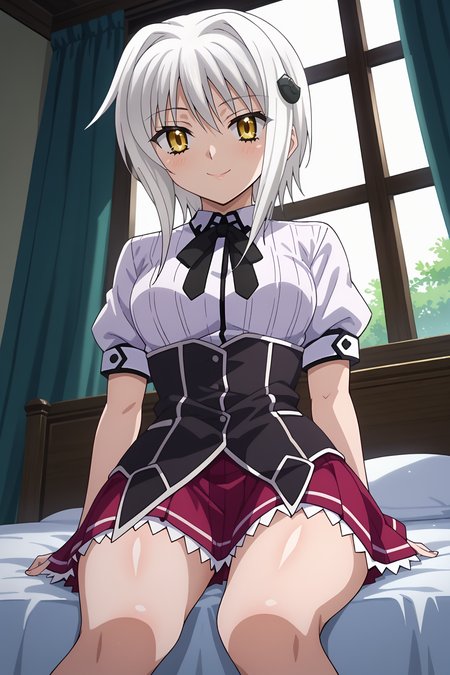 score_9, score_8_up, score_7_up, source anime, prefect lighting, very aesthetic, BREAK, anime screencap, anime coloring, koneko-dxd, 1girl, short hair, white hair, yellow eyes, breasts, skirt, school uniform, dxd-uniform, anime_style, bedroom, bed, sitting, sitting on bed, from below, dutch angle, looking at viewer, smile