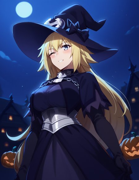 score_9, score_8_up, score_7_up, source_anime, <lora:jeanne-d-arc-apocrypha-s1-ponyxl-lora-nochekaiser:1>, jeanne d arc, blonde hair, blue eyes, long hair, large breasts,, <lora:witch-ponyxl-lora-nochekaiser:1>, witch, hat, witch hat, dress, halloween, halloween costume, jewelry,, night, moon, blush, smile, one eye closed,, , dutch angle, cowboy shot