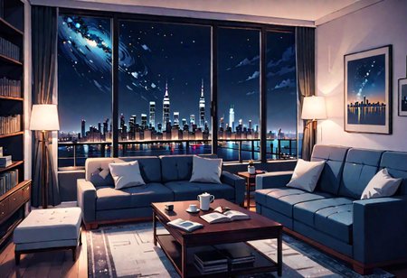((front view)), Shallow scene, (((animation style))), (night), modern-style interior, with white walls, (large windows), a  study, Sofa, coffee table, bookcase, single wall, ((dark room)), quiet and mysterious night sky,  city night view, (City high-rise building scenery), (City scenery outside the window), starry sky, moonlight,