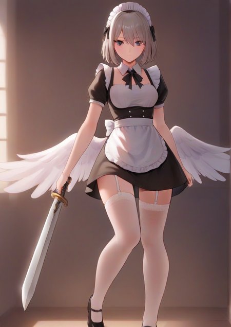 1girl,apron, black bow, black footwear, blue eyes, bow, closed mouth, english text, feathered wings, frills, full body, garter belt, grey hair, hair between eyes, holding, holding sword, holding weapon, looking at viewer, maid, maid apron, maid headdress, medium hair, solo, sword, thighhighs, weapon, white apron, white thighhighs, white wings, wings <lora:rororo:1>