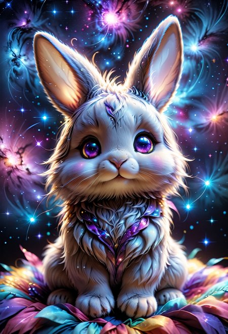 (((videogame_style))), (sharp focus:1.2), lineart, flat color, monochrome, greyscale, depth of field, bokeh, 8k, OLED, 1 baby bunny, being playful, wearing ribbon choker in different colours, different fur, super cute,, The bunny raises its paws towards the viewer, in the galaxy, space bunny lying on a ruffled pillow in the clouds,purple pillow, lluminated by the ethereal glow of cosmic lightning, the light is reflecting shadows on the cute animal, for the viewer, it appears alive, as if a glimpse of its inner sparkle is possible, star sky, peacful and grateful atmosphere, painted hearts, magical atmosphere, close up, (((cuteness overload))), <lora:detailed_notrigger:0.9>, zhibi <lora:zhibi:0.8>, <lora:tweak-detail-xl:0.7> <lora:Jed-Cosmos-sdxl:0.7> Jed-Cosmos