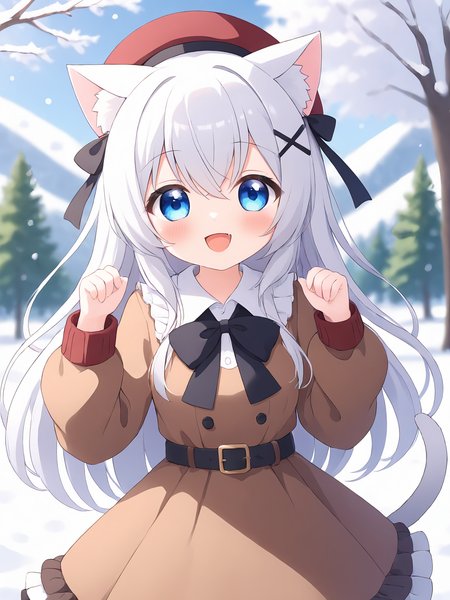 1girl, animal ears, tail, solo, cat tail, blue eyes, cat ears, hat, cat girl, long hair, outdoors, smile, frilled dress, dress, fang, :d, animal ear fluff, hair between eyes, blurry background, frills, beret, long sleeves, white hair, bangs, blurry, bow, red headwear, brown dress, very long hair, looking at viewer, snow, puffy long sleeves, puffy sleeves, hands up, depth of field, tree, blush, snowing, frilled skirt, belt, collared shirt, hair bow, open mouth, brown headwear, red bow, black bow, day,<lora:Animation illustration style supplementary model-SDXL-Lora-2024.12.30-version1-000043:0.6>,
