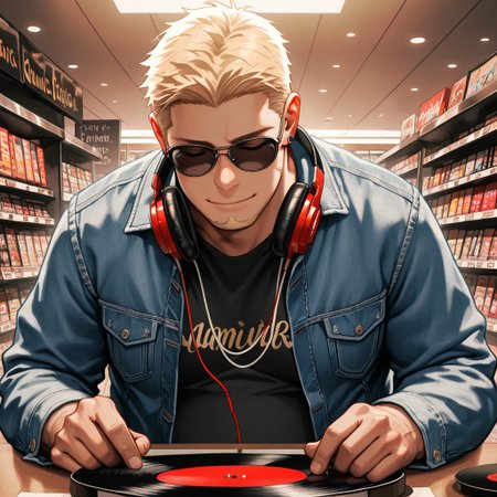 masterpiece, best quality, amazing quality, absurdres, newest, detailed background, definition so sharp, Ultra-HD, 8K cinematic, very awa, impressionate, amazing quality, highres, 
solo, male focus, manly, 
1boy, short hair, goatee, chubby, rikio_blonde, rikio_brown eyes, rikiokamamoto, sunglasses \(around neck\), earrings, sideburns, casual wear, denim jacket, record store, vibrant colors, chill, absorbed, content, harmonious, rhythmic, holding headphones, listening to music, closed eyes, subtle smile,