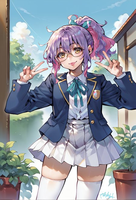 score_9, score_7_up, source_anime, highres, BREAK <lora:AERingo:1> 1girl, hair between eyes, pink lips, ponytail, colored inner hair, purple hair, pink hair, sidelocks, yellow eyes,  white thighhighs, smile, v, glasses, sakuragaoka high school uniform, blue blazer, white dress shirt, blue neck ribbon, pleated skirt, untucked shirt, <lora:AESumire:0.6> double v,
