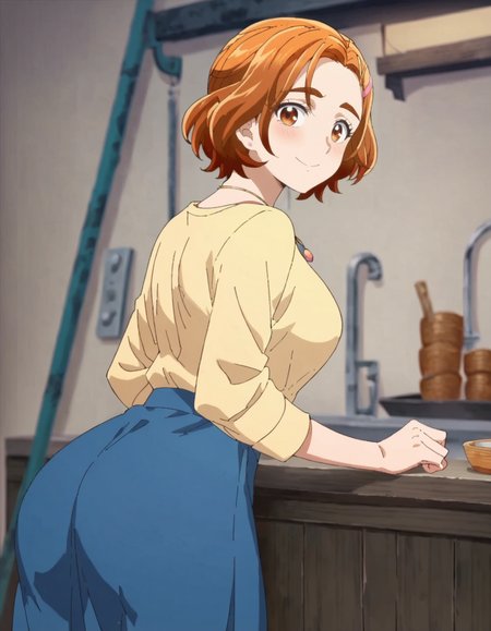 score_9, score_8_up, score_7_up, 1girl, solo, anime screencap, 1girl, solo,hyuugasaki,  jewelry, hair ornament, smile, looking at viewer, shirt,  hairclip,yellow shirt, blue skirt,necklace, cowboy shot,medium breasts,blush,from behind,huge ass <lora:hyuugasaki:0.8>