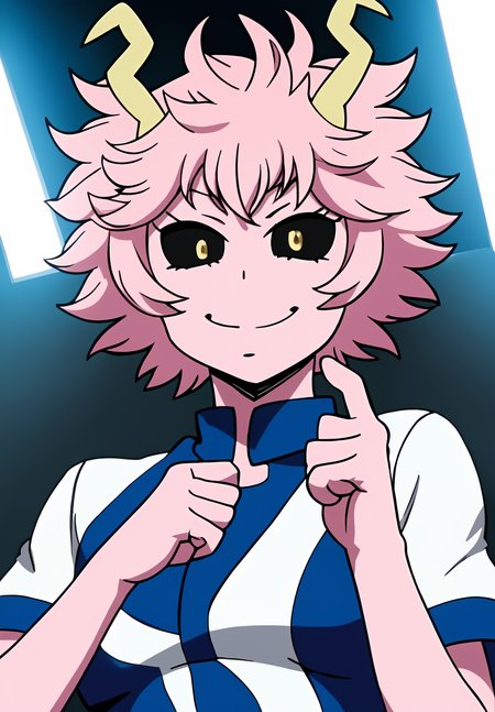 <lora:mina_ashidov2:0.8>, mina_ashido, (masterpiece, best quality,perfect lighting), 1girl, solo, smirk, strike a pose, portrait, hands up, blue training uniform,