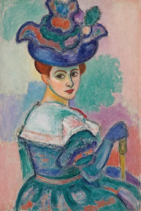 henrimatisse1 painting. 
Portrait of a seated woman, shown in side profile, wearing a vibrant, colorful 19th-century outfit and long gloves. She is turning her head to look at the viewer. Her gloved hand is resting on a walking cane. She is wearing a large, elaborate hat that is composed of various shapes and colors, including shades of blue, green, and purple. The background consists of a mix of pastel colors, including soft pinks, greens, and blues. <lora:henrimatisse1_f16e11:1.0><lora:870751551990326121:0>