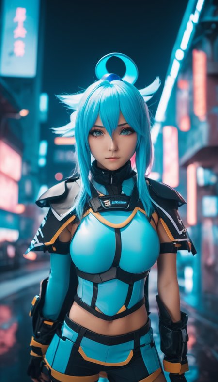 cinematic photo Aqua, Konosuba, (reimagined in a cyberpunk universe), (cyberpunk style), (cyberpunk), (cyberpunk outfit), augmentation, cybernetics, (cyberpunk outfit), (punk hair), glowing neon lights, cinematic scene, hero view, action pose, masterpiece, best quality, high quality, absurdres, vivid <lora:aqua_xl_v1:1> . 35mm photograph, film, bokeh, professional, 4k, highly detailed
