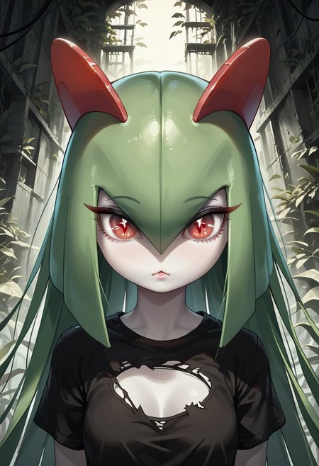 (((Kirlia))), female, anthro, pale white skin, score_9,score_8_up,score_7_up, masterpiece, best_quality, ultra-detailed, masterpiece, 1girl, solo, kirlia, black hair, very long hair, red eyes, cute, perfect face, thick eyeliner, hourglass body, high quality, low light, dramatic lighting, darkness, intricate details, portrait, ((face focused)), wearing ripped dirty black t-shirt, detailed background, post-apocalypse background, ruined house, overgrown with plants, (perfect eyes:1.3,((cat pupils))),dvr-lnds-sdxl, combinestyle