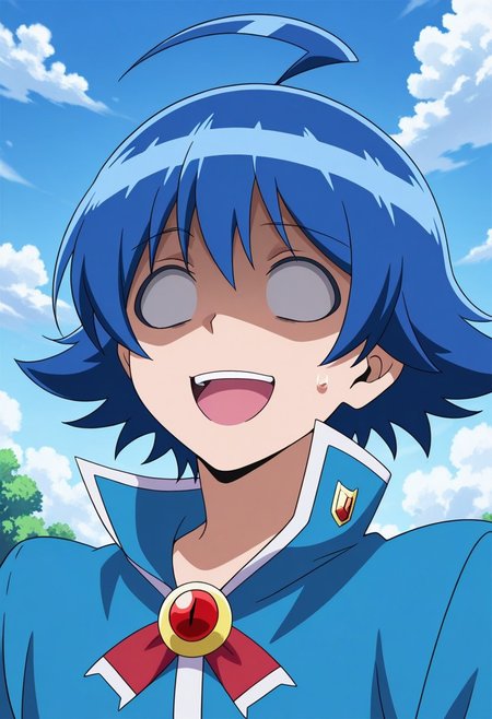 masterpiece,best quality,amazing quality, source_anime,
IrumaSuzuki, 1boy, male focus, solo, blue hair, ahoge, hair between eyes, school uniform, jacket, blue jacket, popped collar, brooch, bowtie, portrait, sweatdrop, shaded face, sweat, :d,
outdoor, sky, day, clouds,