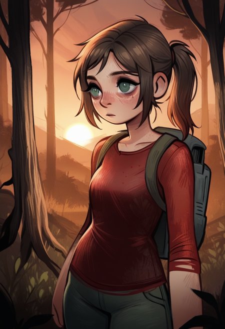 d0p4style,  masterpiece,  best quality, solo,  ellie\(the last of us\), green eyes, ponytail, freckles,  wooded area, trees, backpack,,  red shirt, sunset, warm colors,