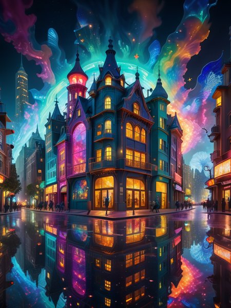 a whimsical cityscape at night where the buildings are made of colorful glass, reflections creating a kaleidoscope effect, (neon lights:1.5), (starry night sky:1.4), pedestrians are various fantasy creatures, digital art reminiscent of Tim Burton's style, 8K resolution, surreal, vibrant colors, intricate details, enchanting atmosphere
 <lora:xl_more_art-full_v1:0.8>