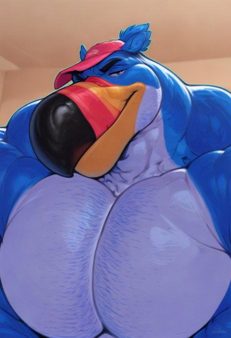 masterpiece, high quality, highly detailed, masterpiece, best quality, very aesthetic,
b005t3rp4n9,
BREAK,
male focus, front view, close up, 
1boy, solo, gay bara bodybuilder, (massive muscles and pecs, large pecs) massive muscles, wide back, 
Toucan Sam(BP), blue body, headshot, face portrait, white chest, beard side burns, Blue Pony Tail, bara, Beak pattern, blue pony tail, Masculine face, Pink Hat, thick eyebrows, Bara, Muscular neck,
looking at viewer,