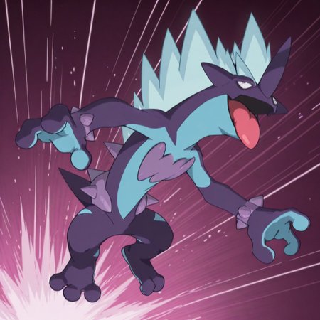 best quality, score_9, score_8_up, score_7_up, score_6_up, score_5_up, score_4_up, male, toxtricityLK,  pokemon (creature), second light, (naked:1), detailed, (solo:1.7), (feral:1.5), pokemonstyle, jumping, smiling, blue soles, (attack1.2), nice angle, dynamic pose, open mouth, tongue out, leaning forward, (3 toes:1.5), head clsoe view