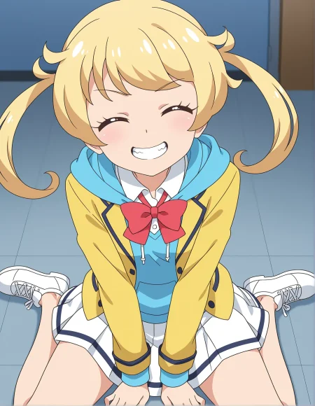 safe,best quality,very aesthetic,absurdres,newest,masterpiece,1girl,solo,highres,anime coloring,grin,evil smile,clenched teeth,     ,wariza ,,closed eyes,<lora:il-prichan-emo1.0:1>,kiratto pri chan,moegi emo,blue eyes,blonde hair,twintails,small breasts,yellow jacket,open jacket,collared shirt,bowtie,red bow,hood,blue hoodie,pleated skirt,white skirt,anime screenshot,