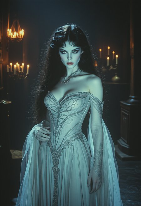 <lora:models\Flux\80sFantasyMovie2:1> ArsMovieStill, 80s Fantasy Movie Still A woman with ghostly white skin, flowing black hair, and a spectral gown. Shot in a haunted mansion, flickering candlelight, deep shadows, and a muted color palette. Eerie and unsettling, intricate details on the gown, rule of thirds composition.,,,