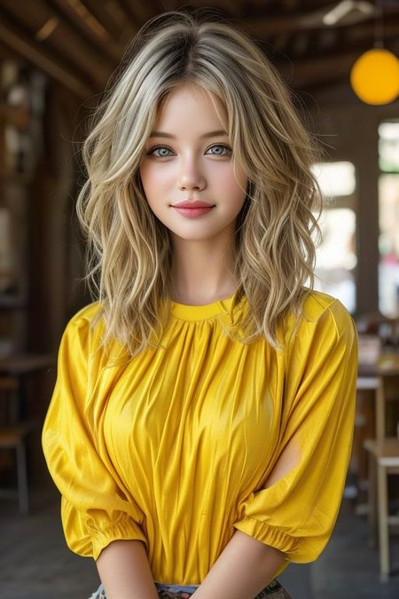 chibi style masterpiece,best quality,bellissima,1girl, solo, gray eyes, half body, yellow hair, cute, adorable, bright colors, cheerful, highly detailed, smile