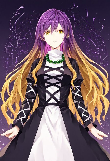 score_9, score_8_up, score_7_up, score_6_up, score_5_up, score_4_up, source_anime, 1girl, solo, 
hijiri_byakuren, purple hair, blonde hair, two-tone hair, gradient hair, long sleeves, black dress, white dress, layered dress, cross-laced clothes, long hair, yellow eyes, bead necklace, 
masterpiece, best quality, very aesthetic, absurdres,