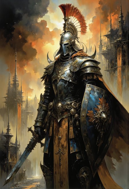 knight. war helmet with visor. sword and shield, battle ready, epic, glorification, heroic <lora:Warhammer_Rogue_Trader_Style_flux-000021.safetensors:0.75>,  <lora:artisketchyfs-v02.safetensors:0.5>,  <lora:Elden_Ring_-_Yoshitaka_Amano.safetensors:1.0>,  <lora:Ethereal Grace - s1 g4.safetensors:0.5>,