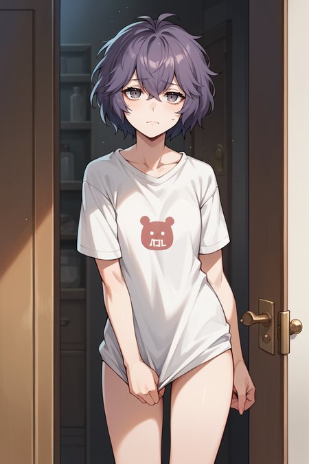 score_9, score_8_up, score_7_up, score_6_up, source_anime, 1girl BREAK <lora:bernadetta-pdxl-nvwls-v1:1> defBernie, messy hair, white t-shirt, oversized clothes, no pants, tired, doorway, apartment, looking at you, tired
