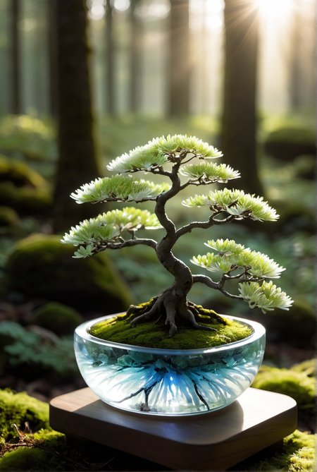 a small (bonsai tree) (made from glass:1.21), (white glass branches:1.14), (green glass leaf:1.21), standing in a mossy forest clearing,  dappled shadows, dappled sunlight, Dawn's first rays, soft, warm, blue-tinged light, the subtle glow of frosty grass, breath visible in the cold airDAYTIME {__effects__|}