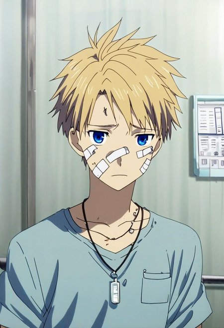 high resolution, solo, best quality, 1Boy, Yamato Ishida, Blond Hair, Blue Eyes, Necklace, sick, helpless, patient, hospital, infusion, bandage, OverallDetail