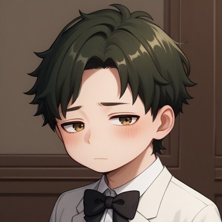 score_9, score_8_up, score_7_up, source_anime, highly detailed, cute boy, 1boy, solo, young, damian desmond, short hair, brown hair, brown eyes, white tuxedo, white pants, black bow tie, black socks, white dress shoes, blushing, shy, looking away from viewer, looking slightly to the side, avoiding eye contact