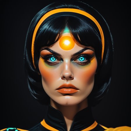 Score_9, score_8_up, score_7_up, score_6_up, BREAK  <lora:60sPsychedelicMovie2Pony:1> ArsMovieStill, movie still from a 60s psychedelic movie, The image is a close-up portrait of a woman's face. She has a futuristic and futuristic look with a black headband that covers her entire face. The headband is made up of multiple layers of red orange and yellow lines that create a sunburst-like pattern. The lines are arranged in a symmetrical pattern creating a sense of depth and dimension. The woman's eyes are large and green and her eyebrows are furrowed. She is looking directly at the camera with a serious expression. The background is dark making the colors of the headband stand out even more. The overall mood of the image is dark and mysterious., solo, 1girl, eye focus, portrait, looking at viewer, black background, lips, multicolored eyes, glowing, black hair