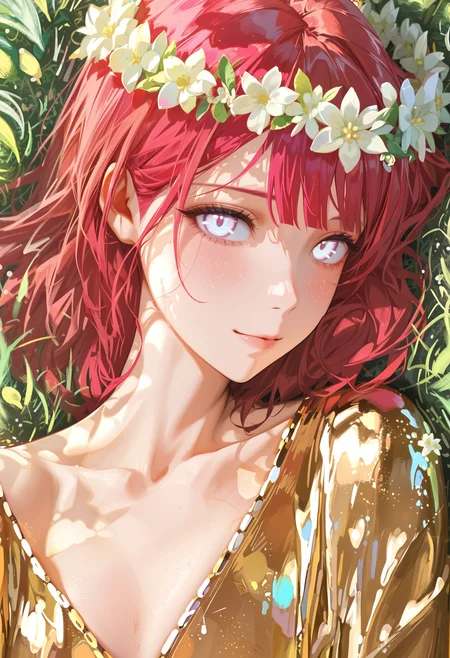 watercolor, lldn, detailed drawing, masterpiece, best quality, good quality, newest, highres, cinematic, volume light, close up, vibrant, glowing outline, blacklight, looking at viewer, from above, 1girl, medium hair, red hair, hair to side, white eyes, wide hips,  eyerliner, golden robe, (silver wreath:1.1), lies on back,