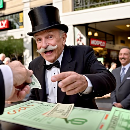 Generate a realistic photo of a hand extending out, offering cash to a man. This elderly gentleman should be portrayed with a prominent mustache, wearing a formal suit and a top hat. The focus is on the exchange, capturing the moment of transaction. The background features a Monopoly-style game board to emphasize the thematic connection. The scene highlights the details of the cash and their expressions, with natural lighting enhancing the realism of the transaction , <lora:cashbaba_xl:0.85>,(dollar), (  real-life interpretation of the iconic Monopoly man )