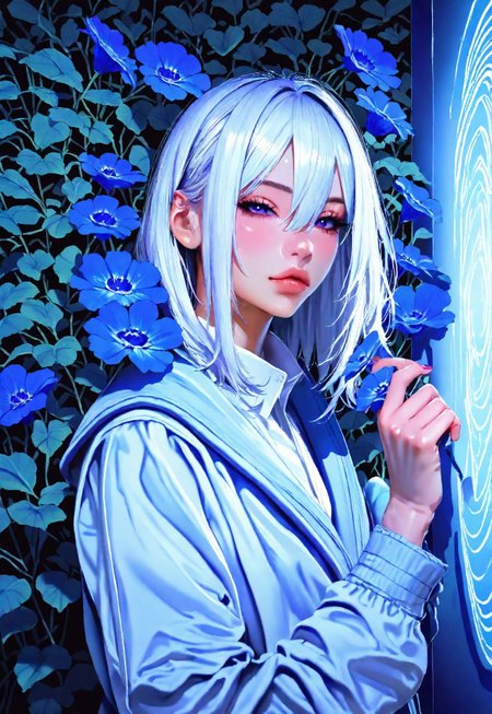 masterpiece, best quality, good quality, very aesthetic, absurdres, newest, (detailed lighting, rendered, perfect hair, detailed face and body) 1girl, looking at viewer, holding a big blue flower, blue hair, jacket, white shirt with sleeves,nail polish, purple eyes, blue eyes, eyelashes, long sleeves, white hair, hand up, hair between eyes, half-closed eyes, blue theme, cinematic composition, ultra-detailed, high-quality, photorealistic, extremely detailed CG unity, masterpiece, high quality, best quality, absurdres, 8k resolution