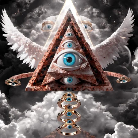 seraphins, a mystical creature with hundreds of eyes and wings with the shape of a pyramid, surrounded by 2 layers of rings full of eyes, eerie, horror, background angelic clouds, sunlight <lora:Seraphins1.0-000038:0.8>