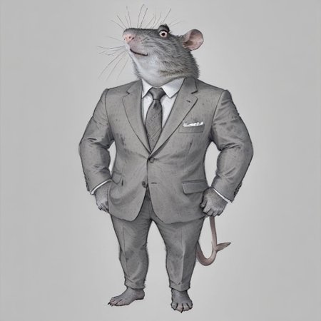 (roided randal:1.3), full body, smokling, tie, white background, anthropomorphic rat