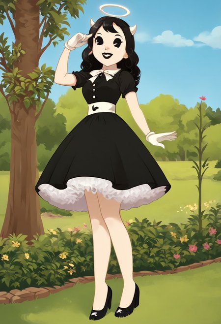 (Masterpiece, best quality:1.2), score_9, score_8_up, flat color, flat shading, soft shading, lighting, Alice Angel in a 1950's dress with a button down top, a fluffy frilly ruffled full petticoat, and high heels, dress, layered petticoat, frilly petticoat, fluffy petticoat, full petticoat, wide dress, flowing dress, solid colored skirt, short sleeves, black hair, Bendy and The Ink Machine, series accurate, cute, best high quality, high res, black lips, white colored skin, whole body shot, 1girl, solo, outside, standing straight, in a garden, cute, adorable, smile, low angle upskirt shot, cartoon, cartoon style, vector, solo, circle dress, 1950s, alice angel