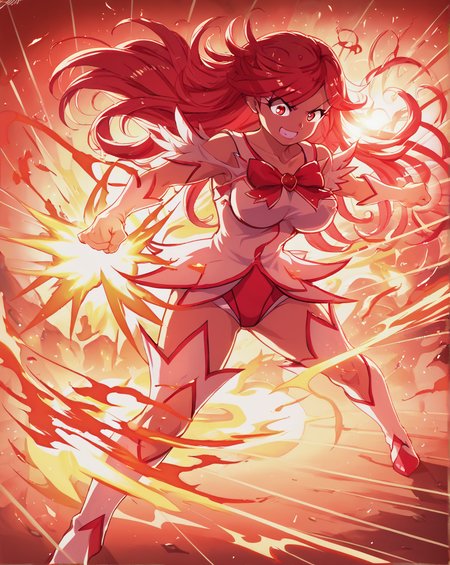 1girl, solo, magical girl, punching, smile, magic, backlighting, fire, red hair, long hair, large breasts, red eyes,  <lora:mgcm:0.8>