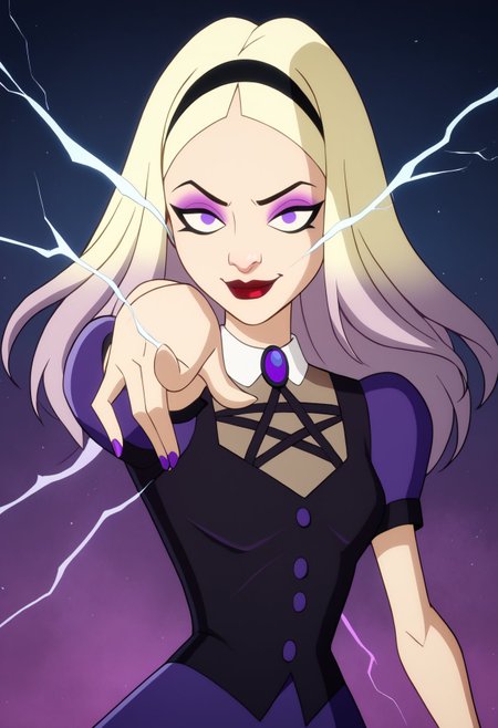 score_9, score_8_up, score_7_up, score_6_up BREAK, pointing electricity, magic, aura, glowing, 1girl, smug, blonde hair, black hairband, nose, makeup, red lips, purple eyes, long hair, dress, gradient hair, puffy short sleeves, thighhighs, goth boots,mal1c3-dh <lora:add-detail-xl:0.5> <lora:Malice_-_Kite_Man:0.7>  <lora:only_my_railgun_pony:1>