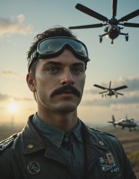 1man, a pilot big moustache, clad in a pilotâs jacket and goggles, gazing into the distance. In the backdrop, two helicopters fly low, with beams of sunlight breaking through the clouds, <lora:EldritchCandids1.1.2:0.4> <lora:real_dream_pony_realistic_lora_3:0.4> <lora:MJ52:0.3> <lora:FF.101.juggernautXL_version6Rundiffusion.LORA:0.4> <lora:JuggerCineXL2:0.3>, Necropunk art style, dark and macabre, blending of death and technology, eerie and unsettling imagery, explores themes of mortality and decay, unique and thought-provoking concepts