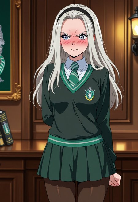 anime coloring, 1girl, long hair, platinum hair, grey-blue eyes, fem!Draco Malfoy, hairband, jewerly, Slytherin school uniform, skirt, starrying at Potter, blush, aristocratic, slytherin, embarrassed, angry, mini skirt, pantyhose
