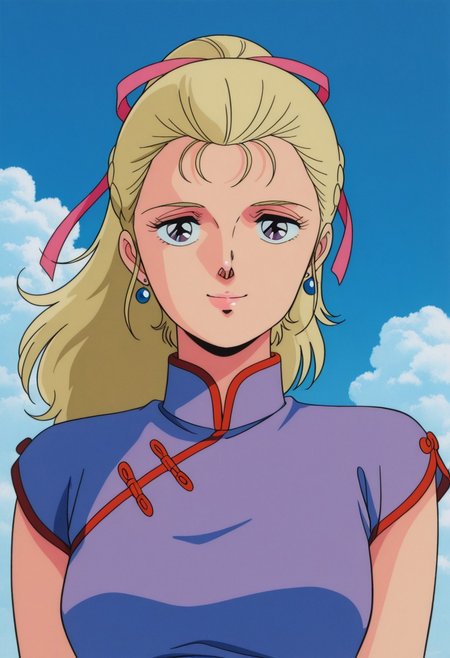 masterpiece, best quality, source_anime,official art,perfect_anatomy,1980s_\(style\),retro_artstyle,1girl,solo,linda plato,1girl,purple eyes,blonde hair,ponytail,hair ribbon,jewelry,earrings,chinese clothes,china dress,looking_at_viewer,smile,upper body,day,blue_sky,cloud